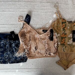 Lulu's Fringe Sequin Crop Top, Navy Blue Floral Zip-Up Crop, and Floral Bodysuit